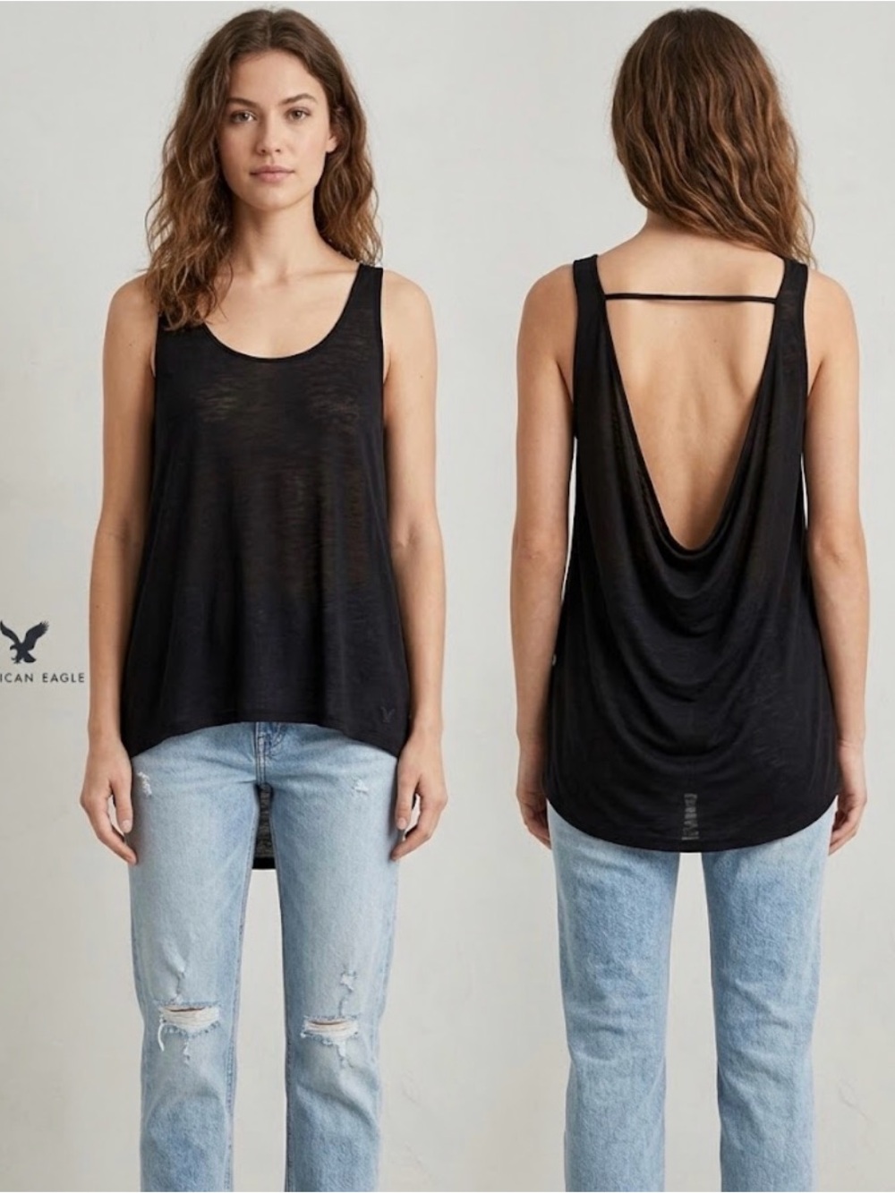American Eagle Black Low-Back Drapey Tank Top
